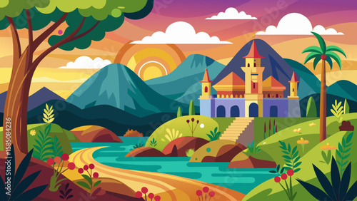 Vector art of a vibrant flat design illustration of a fantasy landscape with mountains, a river, a castle, and colorful sunset sky