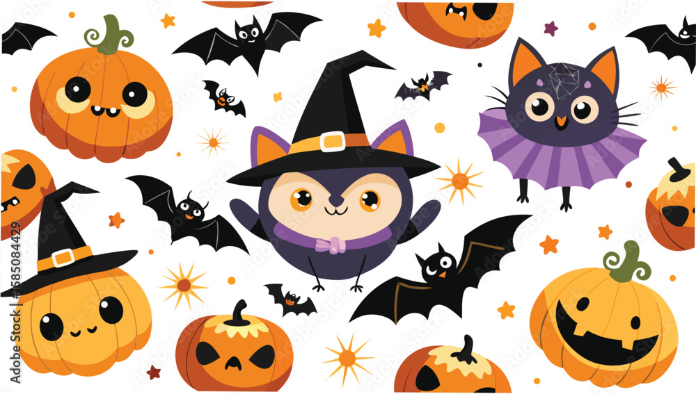Naklejka premium Halloween themed pattern with pumpkins bats stars and a cat and owl wearing witch hats design