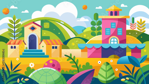 Vector art of a charming village scene with colorful houses and buildings nestled among green rolling hills under a bright, cloudy sky, evoking a sense of spring or summer