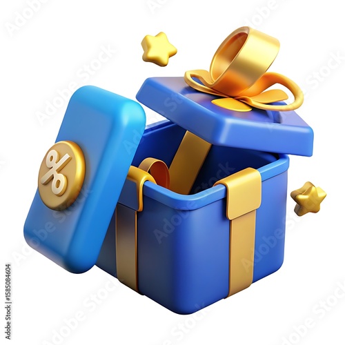 Blue gift box with gold ribbon and percentage symbol unveiling a surprise