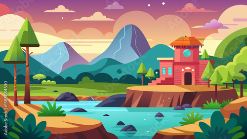 Vector art of a vibrant illustration of a serene landscape with rolling hills, majestic mountains, a winding river, and a charming house nestled among trees