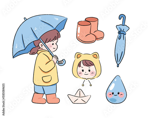 Cute Rainy Day Girl & Weather Elements Set. Kawaii Child with Umbrella and Rain.Illustration.Vector.Kawaii.hand drawn.