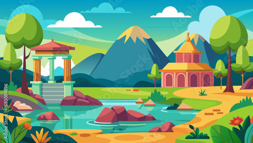 Vector art of an idyllic landscape featuring a serene river, rolling hills, majestic mountains, and classical architecture with columns and a temple