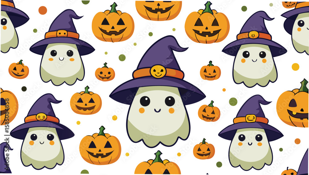 Seamless halloween pattern with cute ghosts wearing witch hats and pumpkins on a white background Seamless halloween pattern with cute ghosts wearing witch hats and pumpkins on a white background