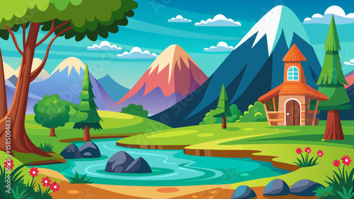 Vector art of a picturesque cartoon landscape with snowcapped mountains, a flowing river, and a quaint house amidst lush greenery