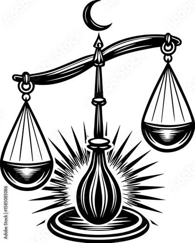 SVG of a bone cathedral rising above skeletal cities, designed for bold tattoo art. Black and White Illustration of Scales of Justice with Stars and Moon