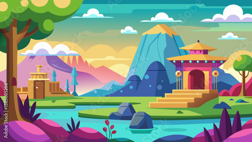 Vector art of an enchanting asian landscape showcases a vibrant temple and serene river, nestled among colorful mountains and lush greenery