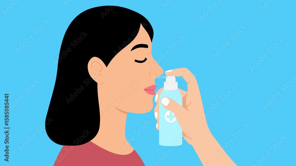 Woman Using Nasal Inhaler Spray – Flat Vector Medical Animation Woman Using Nasal Inhaler Spray – Flat Vector Medical Animation