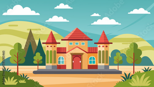 Vector art of a charming cartoon illustration of a colorful house with red roofs and towers, set against a backdrop of rolling hills and a bright blue sky