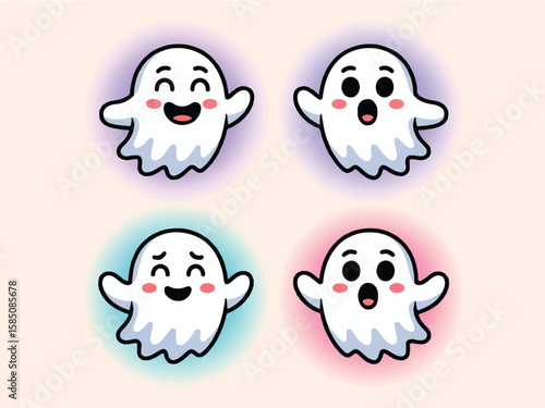 Cute Ghost Emojis Set - Halloween Emotions with Sparkles

