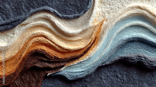 Color pour effect in strip wave format blending onto rough canvas surface in dark neutral tones