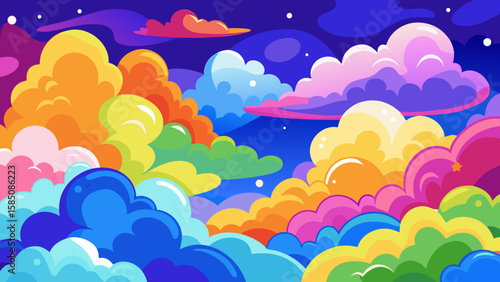 Vector art of a surreal and magical sky adorned with a multitude of brightly colored, abstract clouds against a deep purple backdrop