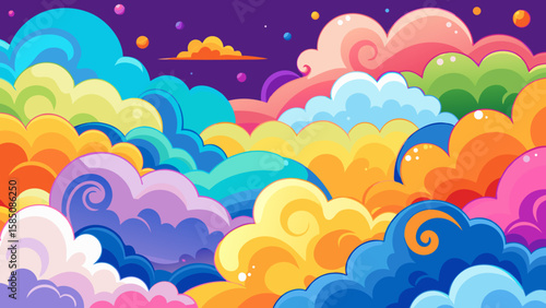 Vector art of an imaginative sky filled with swirling, colorful clouds in a spectrum of vibrant hues, creating a dreamlike atmosphere