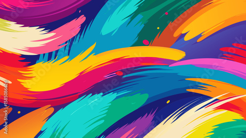 Vector art of a lively dance of colorful paint strokes across a dark background, evoking creativity and movement