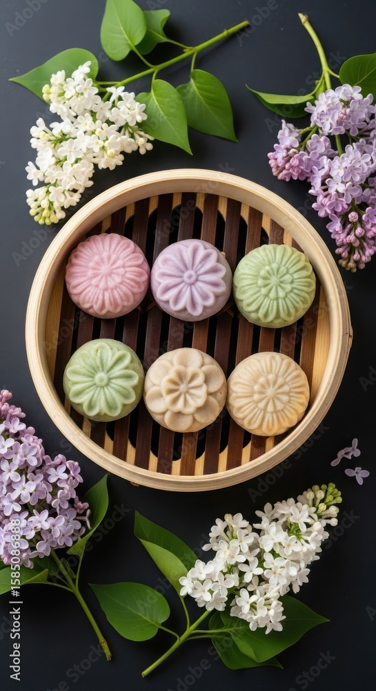 Colorful mochi desserts arranged in a bamboo steamer Colorful mochi desserts arranged in a bamboo steamer