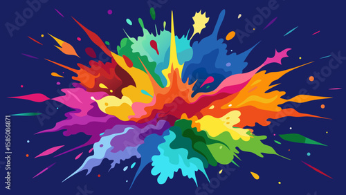 Vector art of a dynamic explosion of colorful paint splatters radiates outwards, forming a vibrant and energetic abstract masterpiece