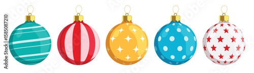 Christmas balls clipart set. Colorful pattern xmas ball like spiral, stars and dot clip art for Christmas decoration bauble and sphere elements collection vector illustration.

