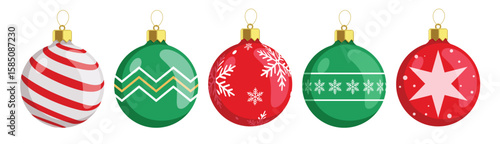 Christmas balls printed and pattern clipart set. Green and red xmas ball decoration elements clip art with spiral, curve, snowflakes and star graphic design collection for holiday season vector 
