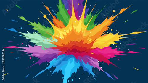 Vector art of a vivid explosion of multicolored paint splatters radiates outwards on a dark blue canvas, symbolizing energy and creativity