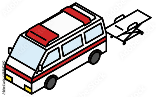 救急車と担架のシンプルな線画アイソメトリックイラスト