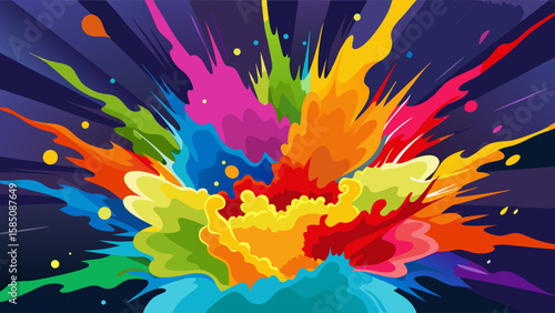 Vector art of a dynamic burst of vivid paint splashes in a rainbow of colors radiates outwards, creating an energetic and abstract celebration of color
