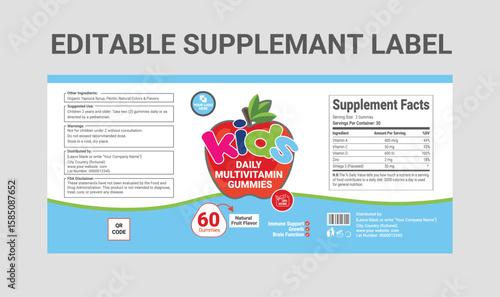Kids Supplement Label Template, Gummy Vitamin Packaging Design