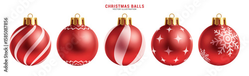 Christmas balls red clipart set. Printed and pattern red xmas balls clip art with spiral, curve, star and snowflakes graphic design collection for Christmas celebration vector illustration.
