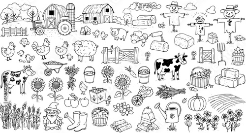 Extensive black and white farm elements doodle: animals, buildings, crops, and rural tools