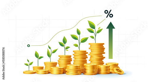 Concept of financial growth and investment success represented by rising stacks of gold coins with green shoots and an upward trending graph