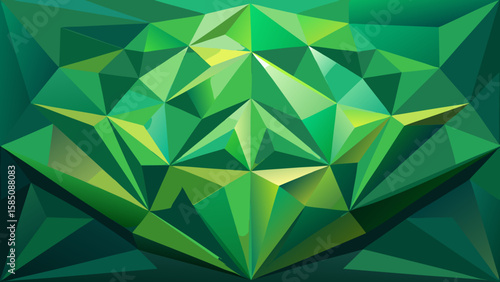Vector art of a detailed abstract geometric design featuring a faceted green crystal with sharp, vibrant edges