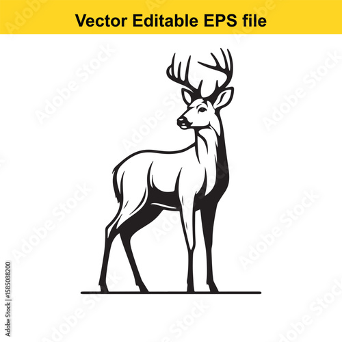 A majestic black deer with large antlers stands proudly