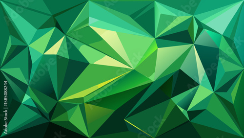 Vector art of a dynamic abstract geometric pattern in shades of green, evoking the facets of a precious emerald gem