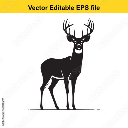 A standing deer with impressive antlers in a side view