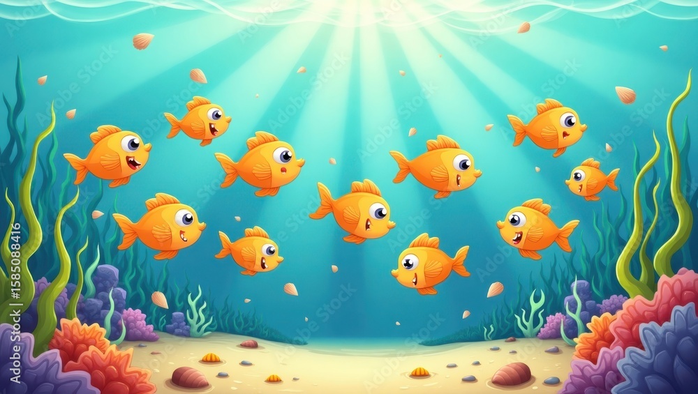 Naklejka premium School of cheerful, orange fish swimming in an underwater scene.