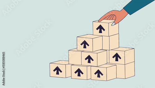 Strategic growth pyramid, Hand stacking upward arrow boxes to symbolize business development, progress and success building.