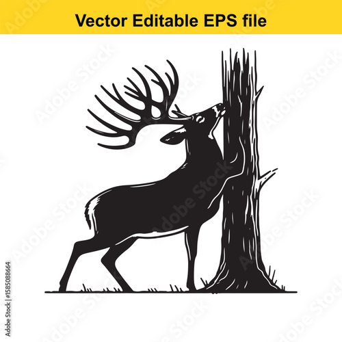 A stag with large antlers rubs against a tree