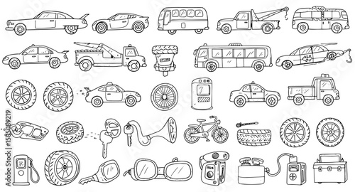 Hand-drawn car and vehicle doodle collection with automotive parts