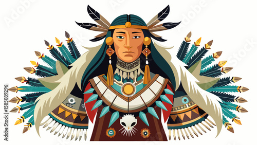 The Blackfeet tribal dress features elk teeth, beadwork, and feather detailing, symbolic of honor and tradition, well-suited for a respectful and authentic vector portrayal.