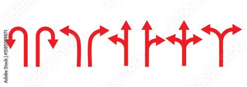 Road sign icon set with turn arrow symbol direction, navigation, guide, U-turn path, split way vector illustration for traffic transport map.