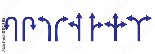 Road sign icon set with turn arrow symbol direction, navigation, guide, U-turn path, split way vector illustration for traffic transport map.