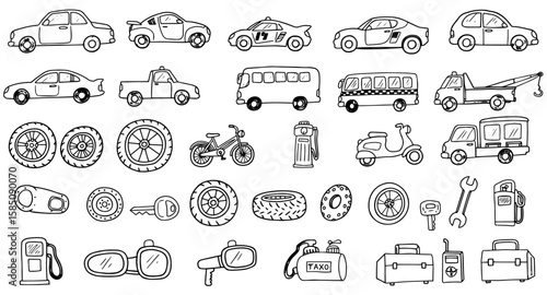 Hand-drawn doodle collection of vehicles, automotive parts, and car maintenance tools