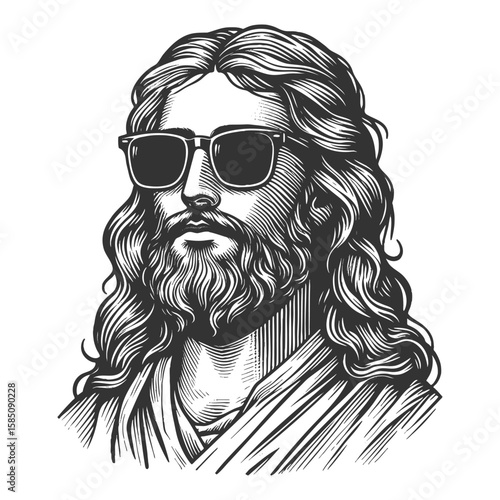 Jesus Christ with long hair, beard, and modern sunglasses, blending classic and contemporary elements sketch engraving generative ai fictional character vector. Scratch board. Black and white image.