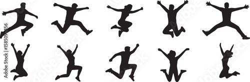 Diverse individuals captured mid leap celebrating with arms outstretched in dynamic poses people jumping vector, isolated on white background, cutout, png, clipping path, transparent, image, download,