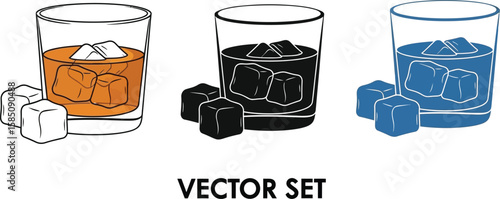 Three glasses of whiskey with ice cubes displayed in a vector art style with orange, black, and blue coloring create a versatile set.