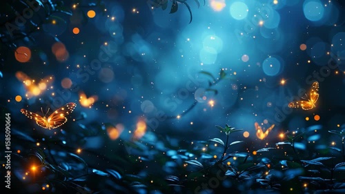 A magical forest floor scene features glowing orange butterflies and sparkling lights amidst dark blue foliage, creating an enchanting, ethereal atmosphere.