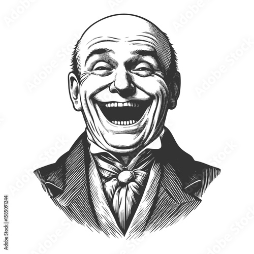 bald man in a formal suit bursting into loud laughter with an exaggerated, joyful expression sketch engraving generative ai fictional character vector illustration. Scratch board. Black and white.