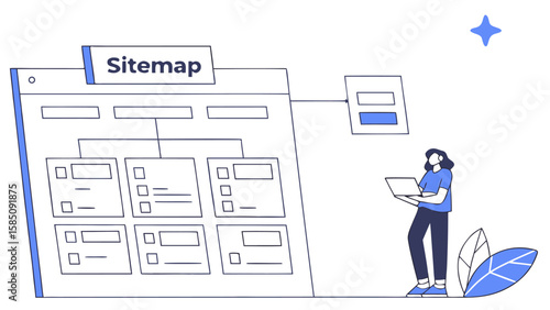 Illustration of a sitemap diagram with a person using a laptop and decorative leaves and a star shape