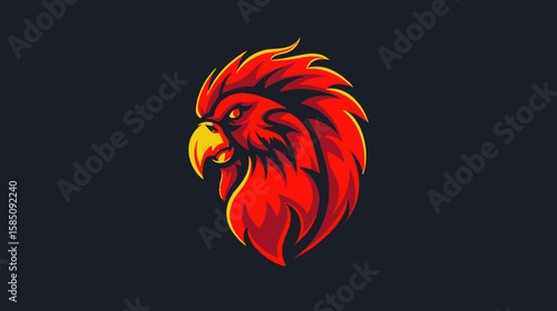 A stylized illustration of a red and orange eagle head with a sharp yellow beak against a dark background.