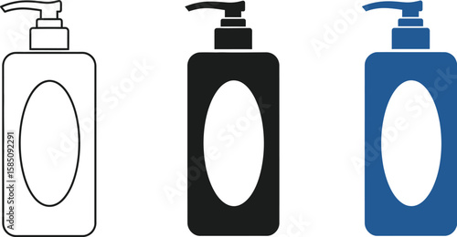 Three cosmetic bottles with dispensers offer varied options for shampoo, soap, or lotion packaging in minimal design.