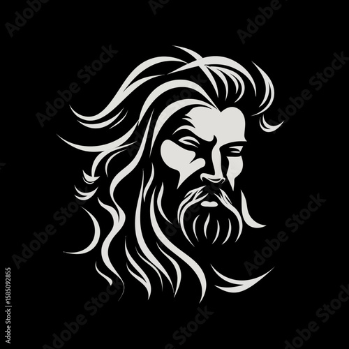 A stylized, monochrome illustration of a bearded man's face with flowing hair, depicted with a serious expression.